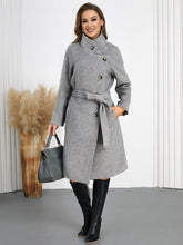 Aurohaya Women’s Wool Blend Belted Long Coat Elegant High Neck Double Breasted Winter Jacket with Pockets